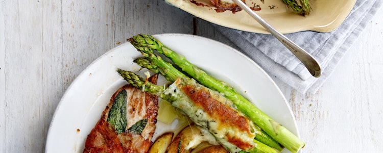 Placeholder for Asperges Geroosterde groene asperges met saltimbocca schnitzel